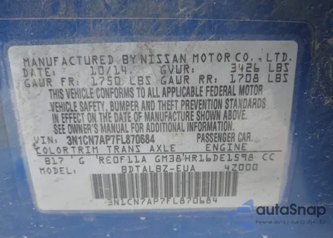 2015 Nissan Versa 1.6 Sv from USA, damaged, VIN 3N1CN7AP7FL870684